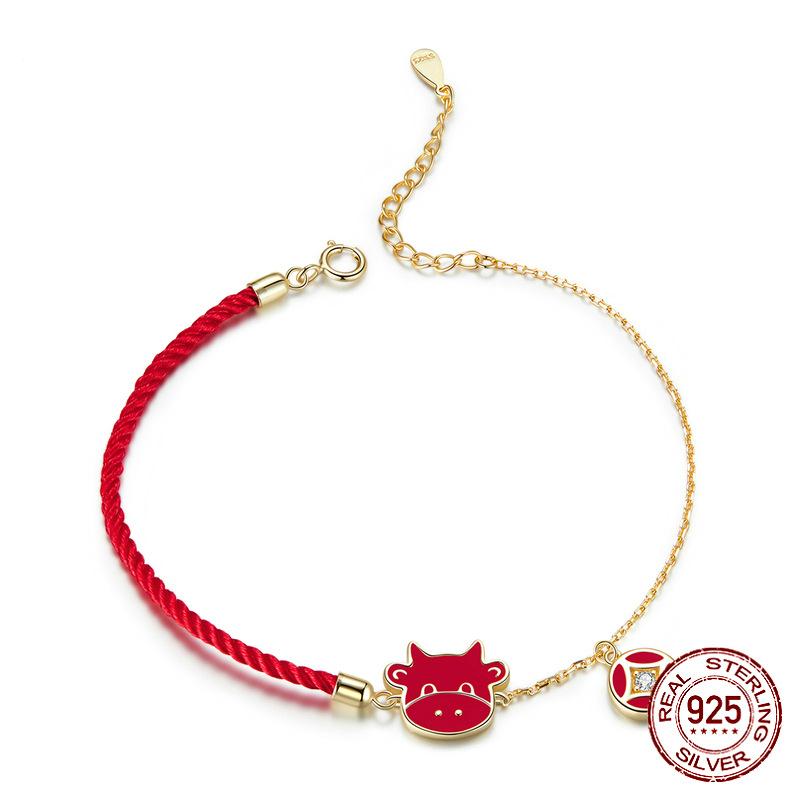 Yinziyun New Cute Ox Good Luck Bracelet for Women New Year Red Plated Real Gold Drops Year of The Ox Red Rope SCB207