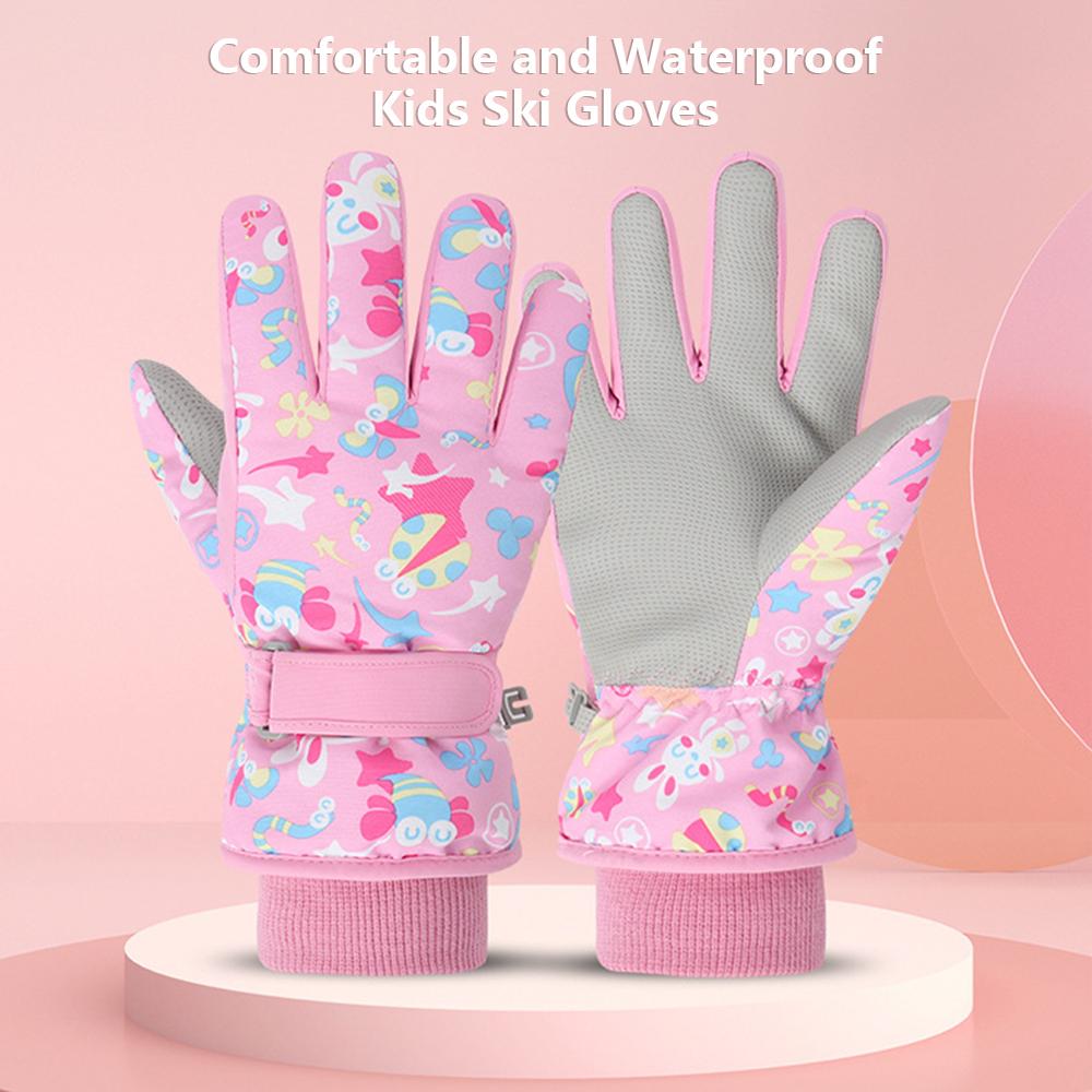 Kids Ski Gloves Waterproof Winter Gloves Snow Gloves Warm Comfortable with Cute Patterns for Children Girls Boys Skiing Snowboarding
