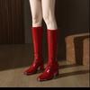 Но женские ботфорты на высоком каблуке 2025 лето новые универсальные с квадратным носком на толстом высоком каблуке лакированная кожа универсальные сапоги