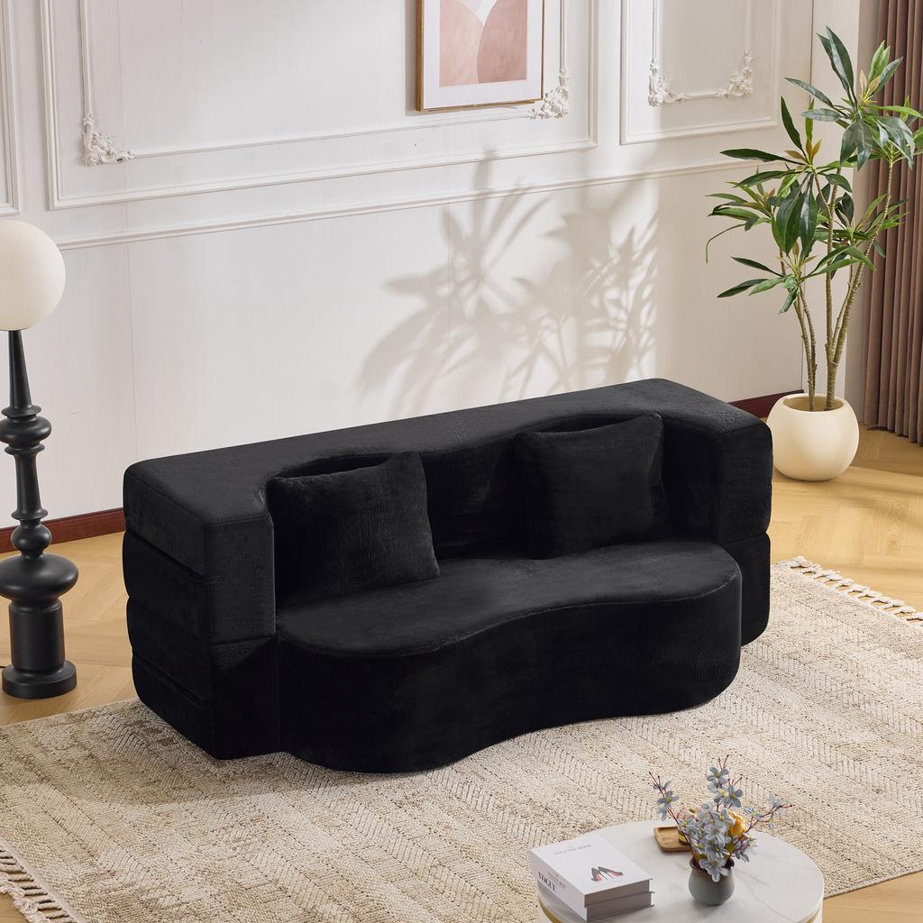 Large dual-purpose sofa, fully compressed futon sofa bed, assembly-free, foldable floor-standing, living room, guest room, bedroom, black