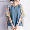 Women Casual Floral Print Splice 3/4 Sleeve Loose Blouse