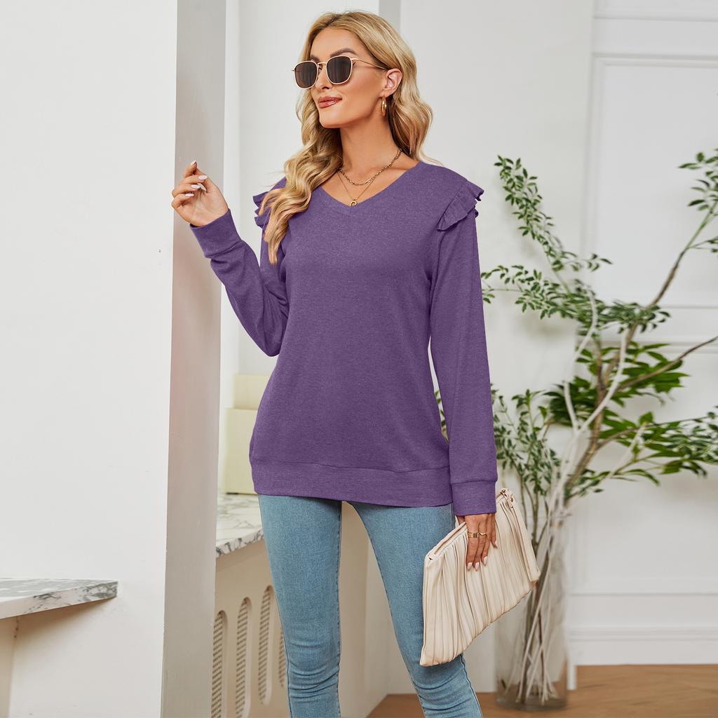 GMXIA Женские модные повседневные осенне-зимние однотонные блузки и рубашки с длинным рукавом и v-образным вырезом с принтом