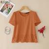 Women Casual Round Neck Solid Color Summer Short Sleeve Blouse