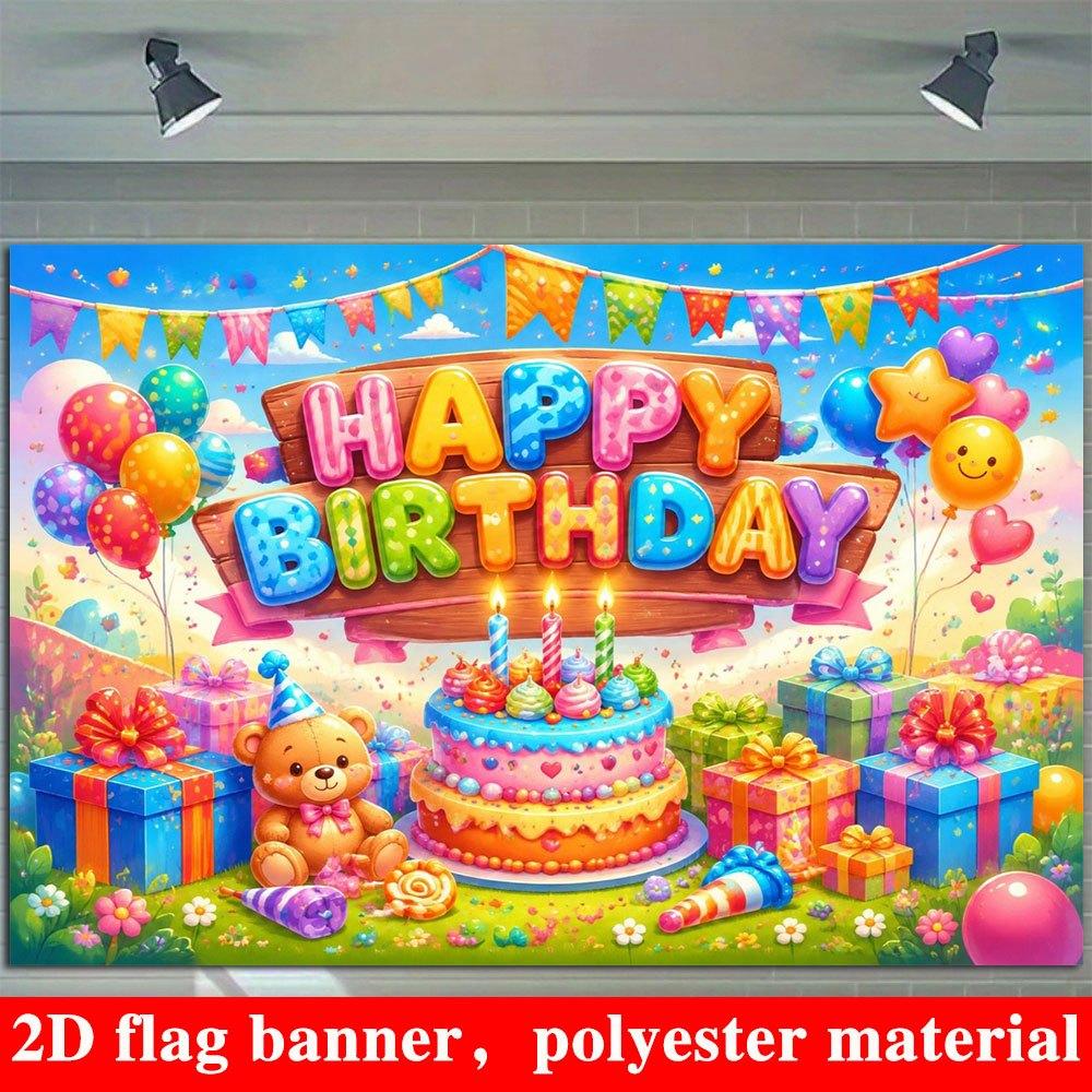 2D Flat Banner, Birthday Backdrop, Cake, Teddy Bear, Gift Box, Balloons, Polyester