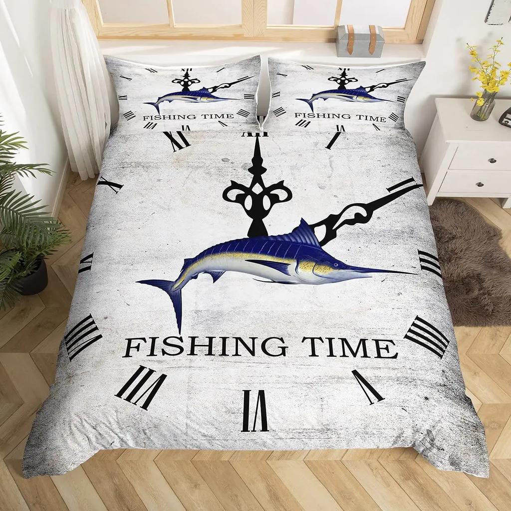 Marlin Swordfish Duvet Cover Set Hunting Fishing Bedding Set Tie Dye Sea Fishing Boat Marine Life Nautical Comforter Cover Queen