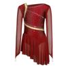 Girls Mesh Long Sleeves Strappy Back Shiny Rhinestones Asymmetrical Figure Skating Dress Built-in Briefs Dancewear