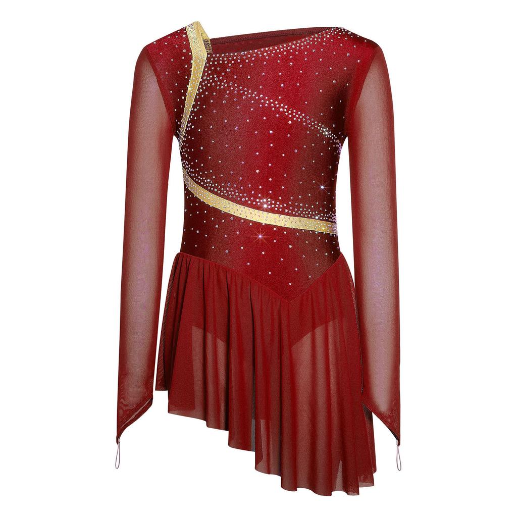 Girls Mesh Long Sleeves Strappy Back Shiny Rhinestones Asymmetrical Figure Skating Dress Built-in Briefs Dancewear
