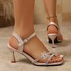 Fashion Luxury Silver Glitter Strap Ankle Strap Sandals Women Summer Square Toe High Heels Sandals Flower Decoration Rose Gold Shoes