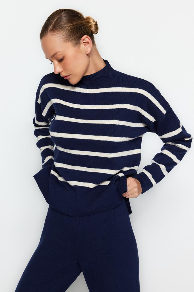 Женский модный новый комплект из верха и низа с темно-синими брюками, трикотаж в полоску, комплект из верха и низа
