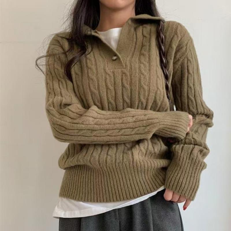 Французский Элегантный Свитер с Воротником-Стойкой Свободного Кроя Винтажный Пуловер с Узором «Косы» Универсальный Повседневный Трикотажный Пуловер Осень Зима Новый