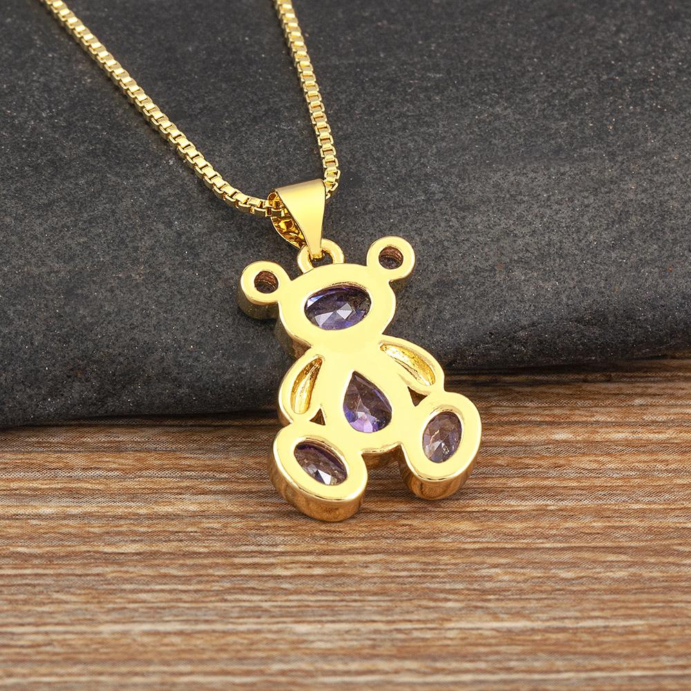 Nidin 6 Colors Choice Cubic Zirconia Bear Pendant Necklace for Women Cute Cartoon Animal Clavicle Chain Fashion Jewelry Gifts