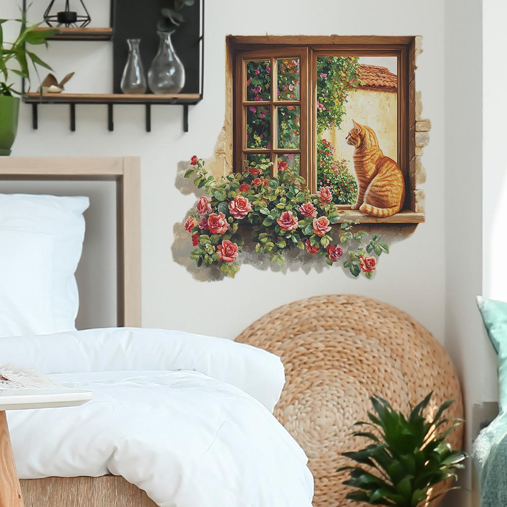 Окно Роза Оранжевый Кот Спальня Гостиная Дом Фон Украшение и Декор Наклейки на Стену