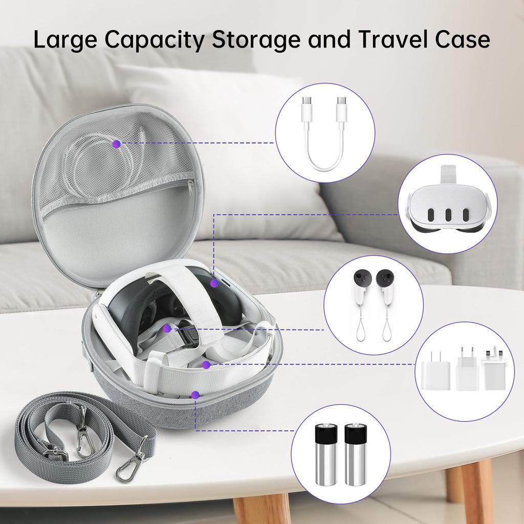 Carrying Case, Hard Bag for Meta Quest 3 Accessories/Pro VR Headset with Elite Strap, Touch Controllers and Other VR Accessories, Large Space