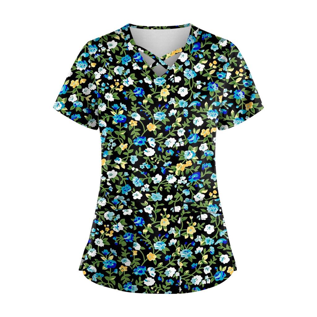 Плюс размер, милая рабочая форма с принтом, топы для женщин, забавные футболки с перекрестным v-образным вырезом и короткими рукавами, рабочая одежда, футболка с карманами