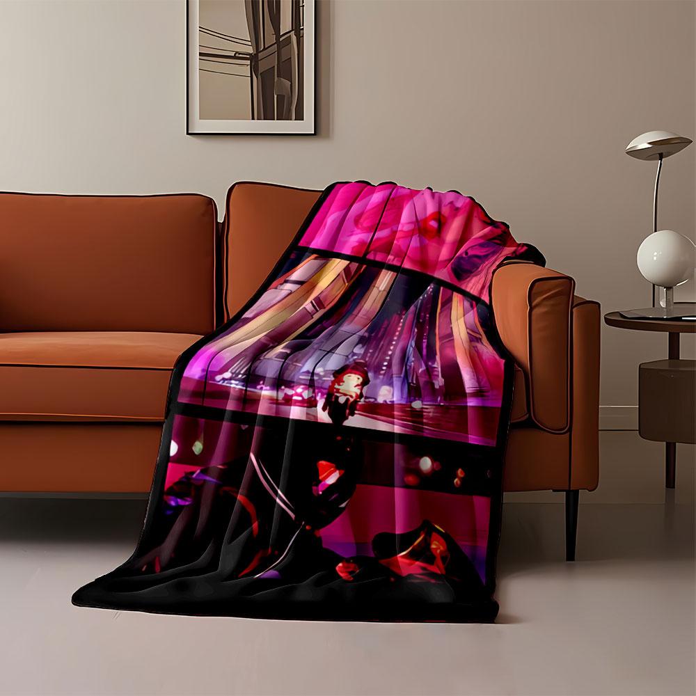 A neon-lit futuristic scene with a focus on a motorbike and characters. for all seasons blanket lunch break throw gift