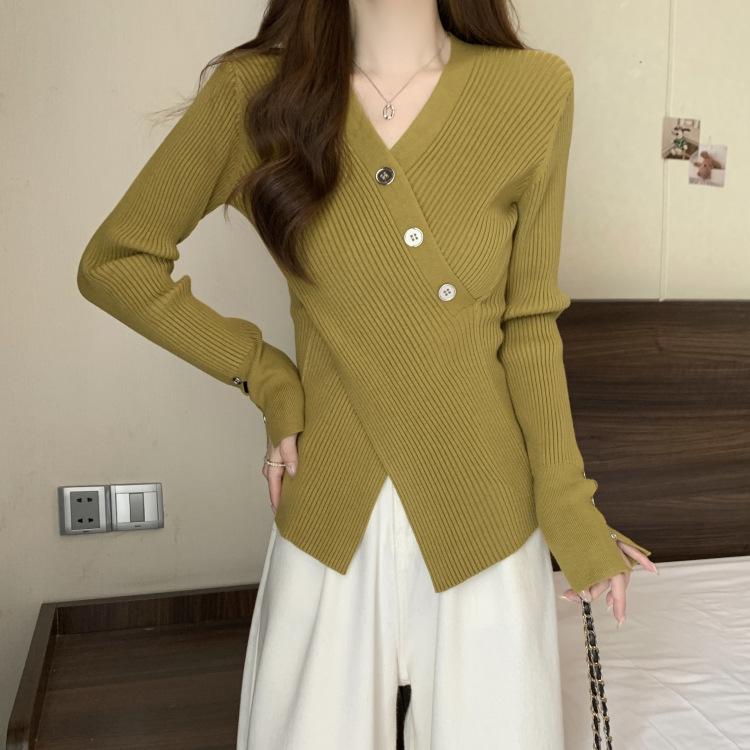 Корейский Kpop однотонные свитера с v-образным вырезом, осенние топы с тонкой талией и разрезом, женские вязаные пуловеры с длинными рукавами