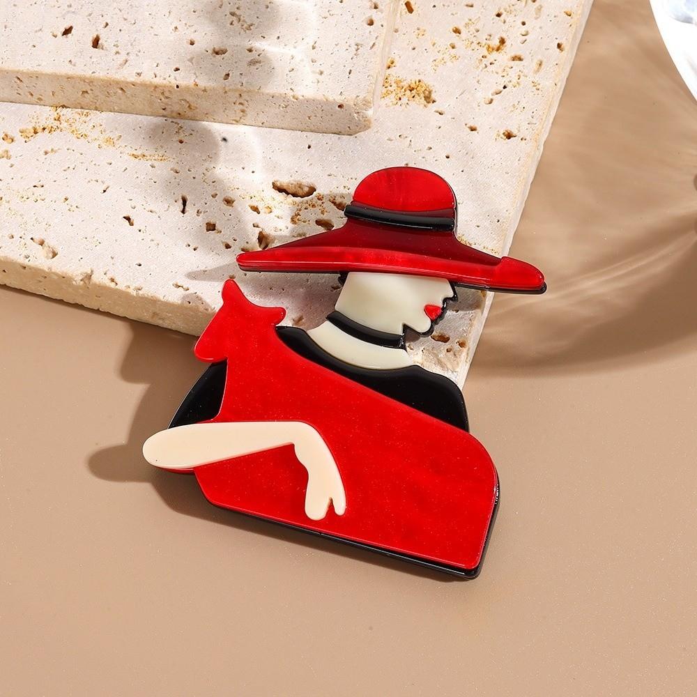 Large Women Portrait Pin Acrylic Coat Badge Cute Lady with Hat Brooch Clothing Accessories