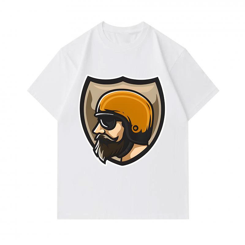 Men's 100% Cotton Crew Neck Short Sleeve T-Shirt, Vintage Biker Bearded Rider Helmet Shield Graphic Casual Comfy Breathable Tee for Daily Outdoor Wear