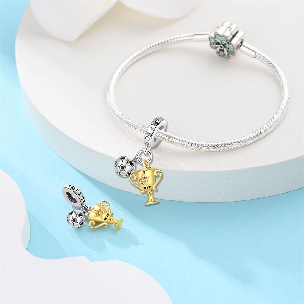 S925 Silver Football Theme Beaded Bracelet Necklace DIY Jewelry Set Adjustable Sports Style Accessories