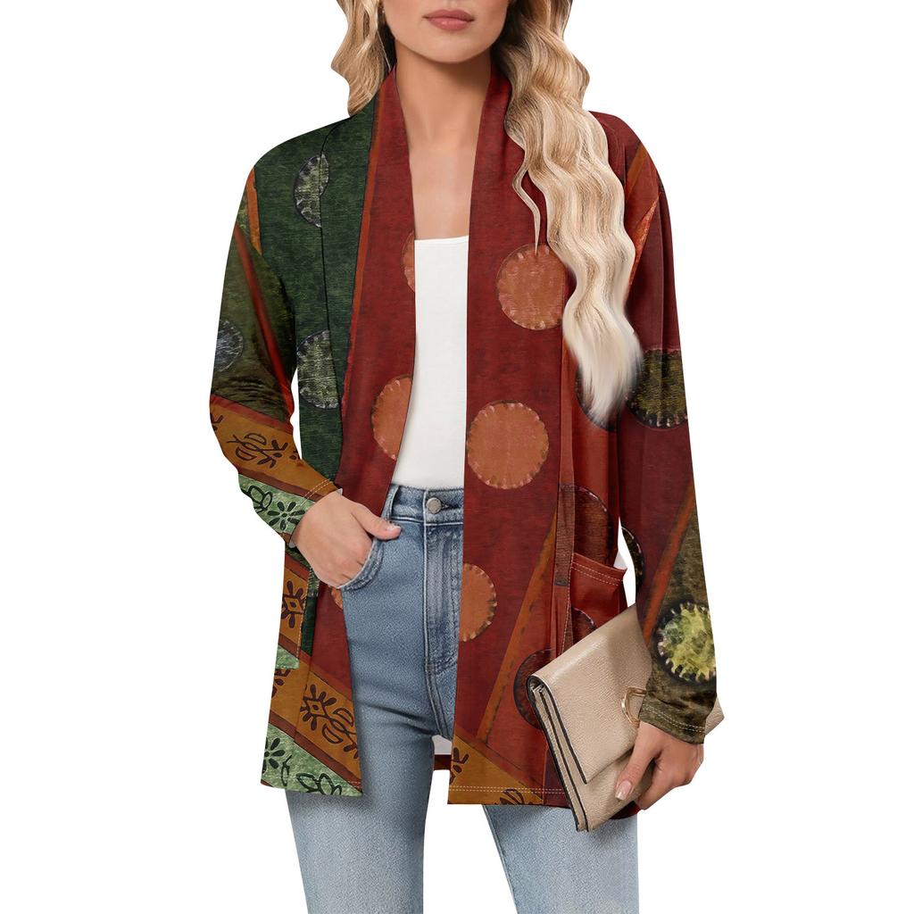 Женский кардиган с длинным рукавом, V-образным вырезом, модная рубашка с принтом, легкий, повседневный, свободный, тонкий кардиган с карманами