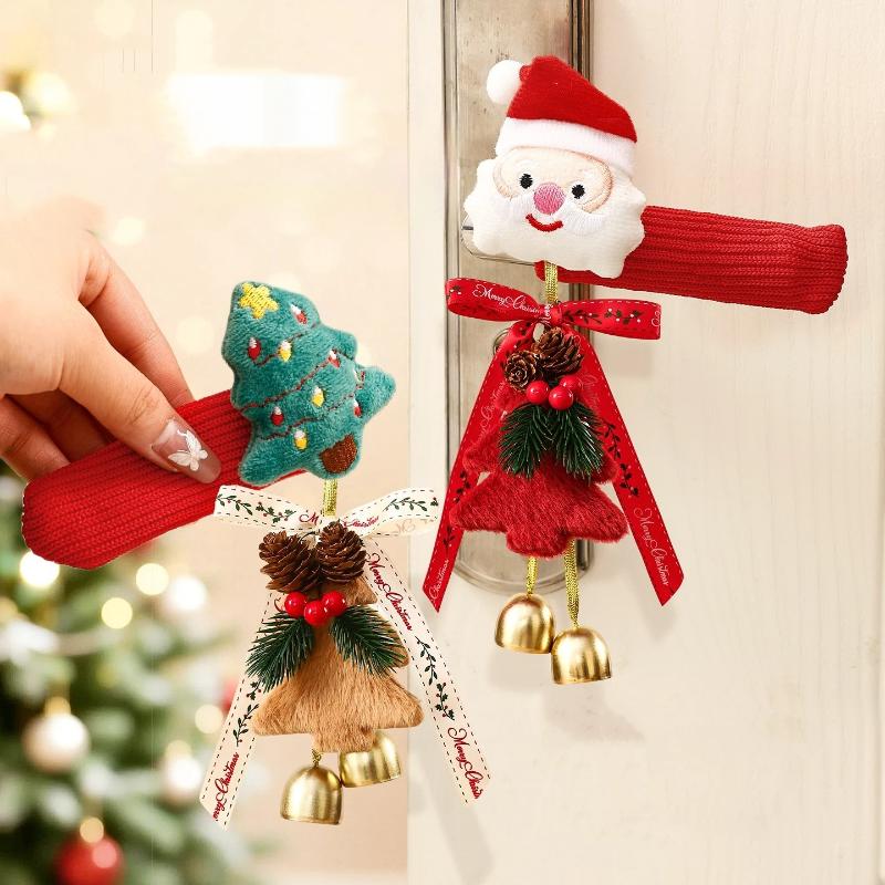 2pcs Christmas Tree Santa Claus Knitted Plush Door Handle Covers For Christmas Home Scene Decoration
