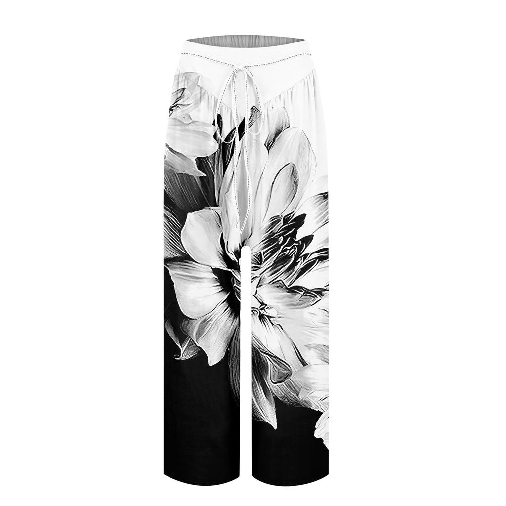 Женские модные повседневные свободные широкие брюки с принтом на завязках и карманами