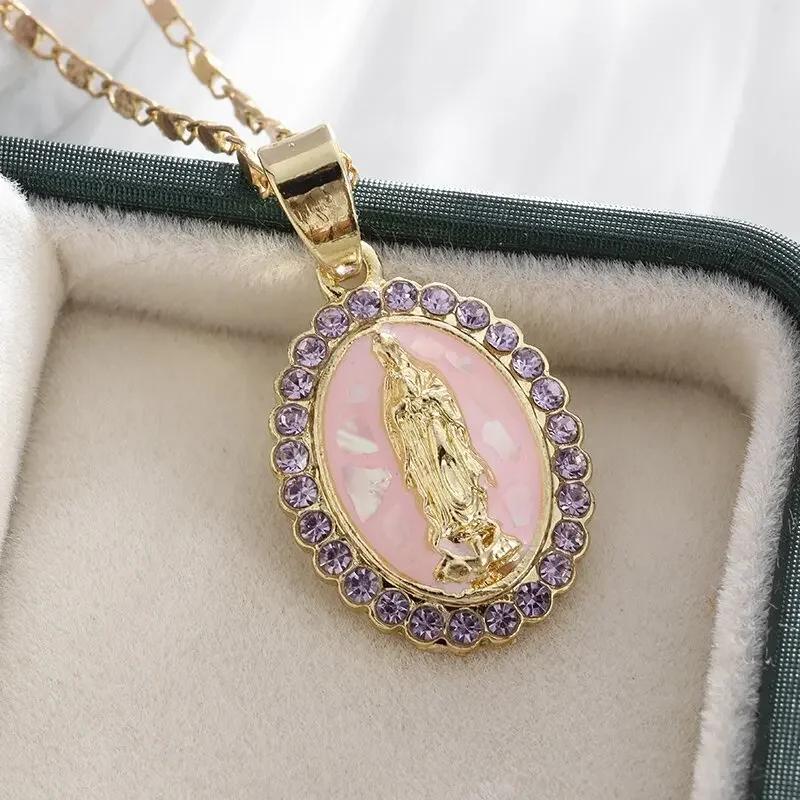 Exquisite Zircon Catholic Virgin Mary of Guadalupe Medal Necklace Women's Fashion Good Luck Amulet Jewelry