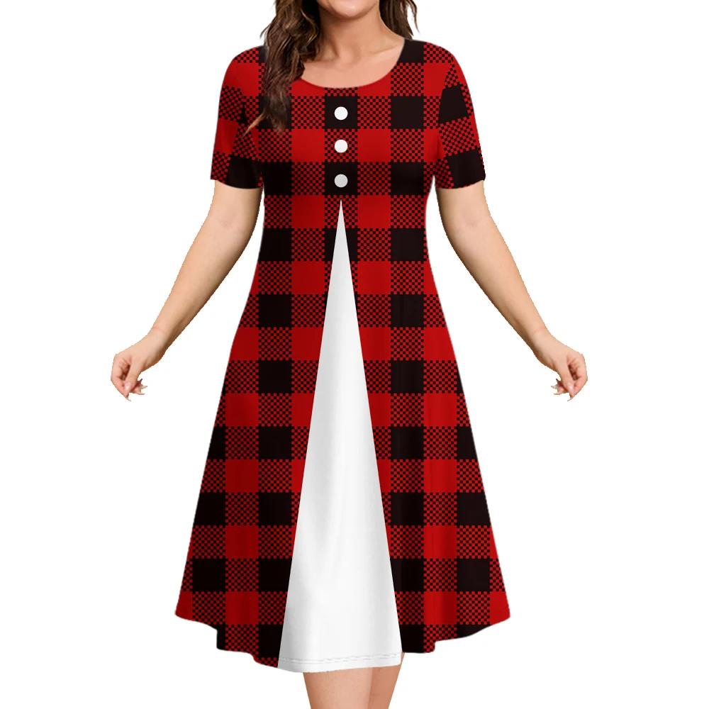 Летние платья для женщин Лоскутные принты Клетчатая одежда Столкновение цветов Вечернее платье Простой короткий рукав пуловер А-силуэт юбка