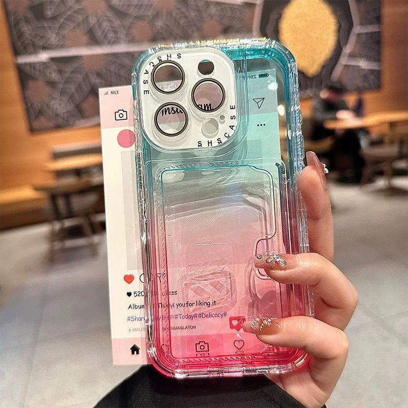 Colorful Bright Gradient Card Slot Wallet Clear Case For iPhone 16 Plus 15 14 13 12 Pro Max Candy Color Bumper Soft TPU+PC Cover