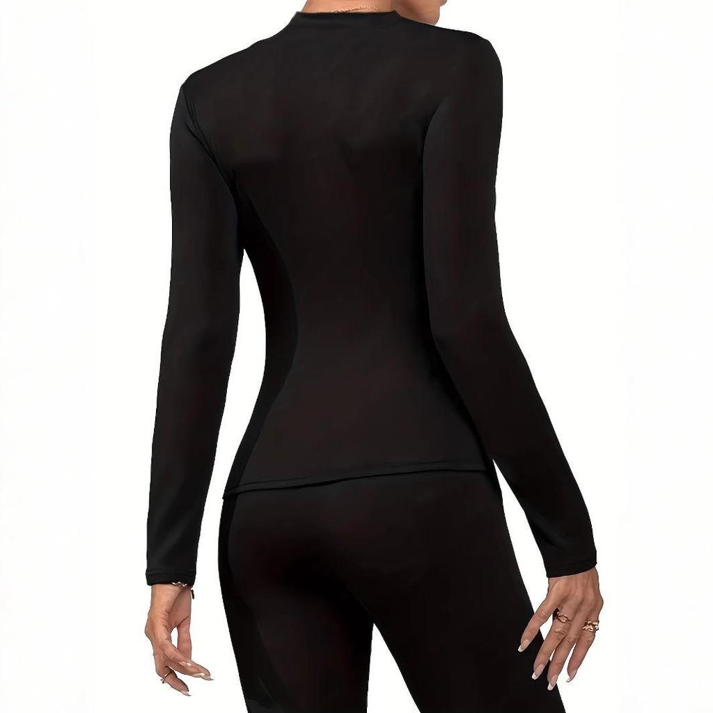 Женский базовый слой с флисовой подкладкой и круглым вырезом, облегающего кроя - Однотонный, с длинным рукавом, уютное осенне-зимнее нижнее белье