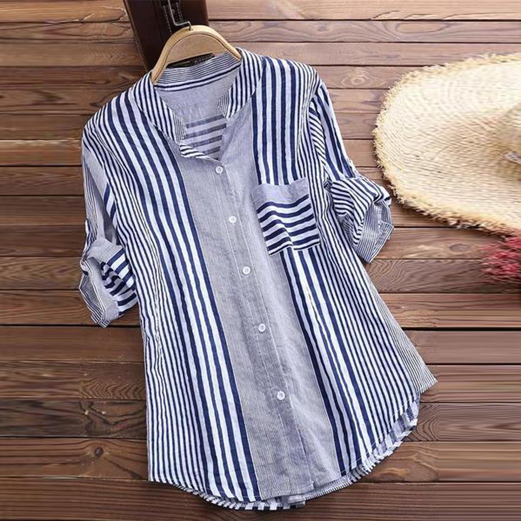 Plus Size Womens Three Quarter Striped Print V-Neck Loose Fit Top T-Shirt Blouse