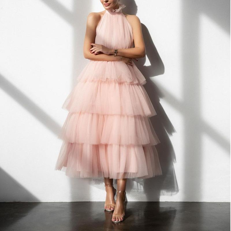 Blue Mesh Princess Dress: European & American Multi-Layer Ruffle Cake Dress