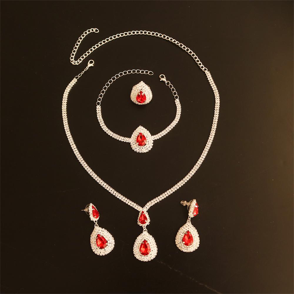 European And American Red Water Drop Pendant Necklace Earrings Bracelet Set Shining Wedding Rhinestone Dinner Wedding Set Chain