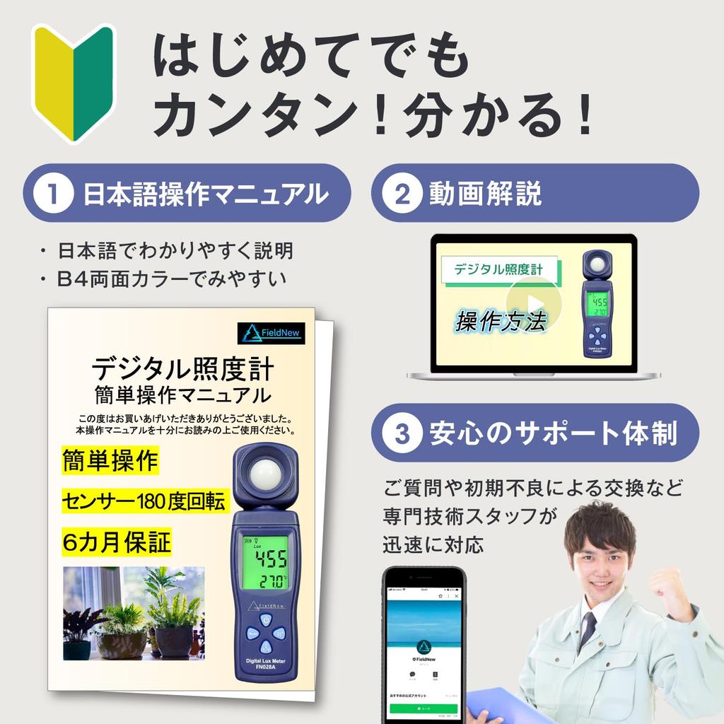 FieldNew Цифровой измеритель освещенности Люксметр Датчик вращения на 180 градусов Японское руководство Видеообъяснение Температура освещенности Освещение для роста растений