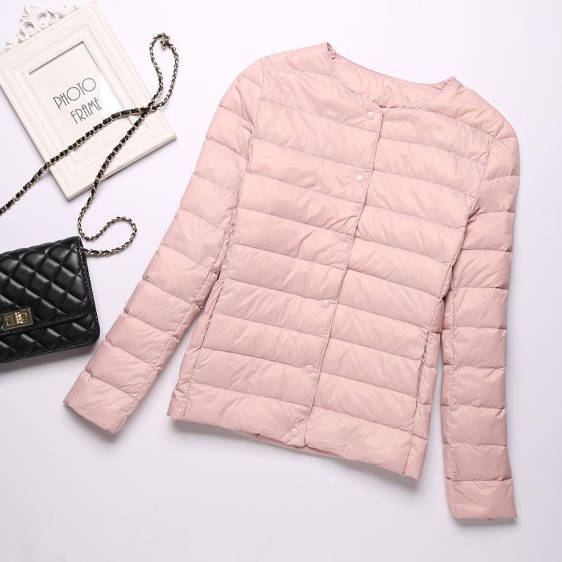 Белый утиный пух, легкий тонкий пуховик, женский круглый вырез, короткая секция, без воротника, осенне-зимняя теплая куртка большого размера с внутренней стороны