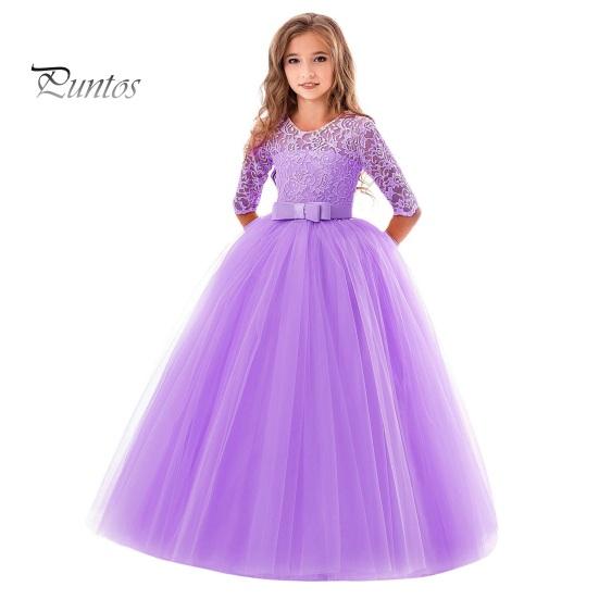 Платье принцессы для девочек с цветочным кружевом и половиной рукавов с круглым вырезом и бантом, элегантное детское пышное тюлевое длинное платье макси, свадебное торжество, вечеринка, выпускной, торжественный бал