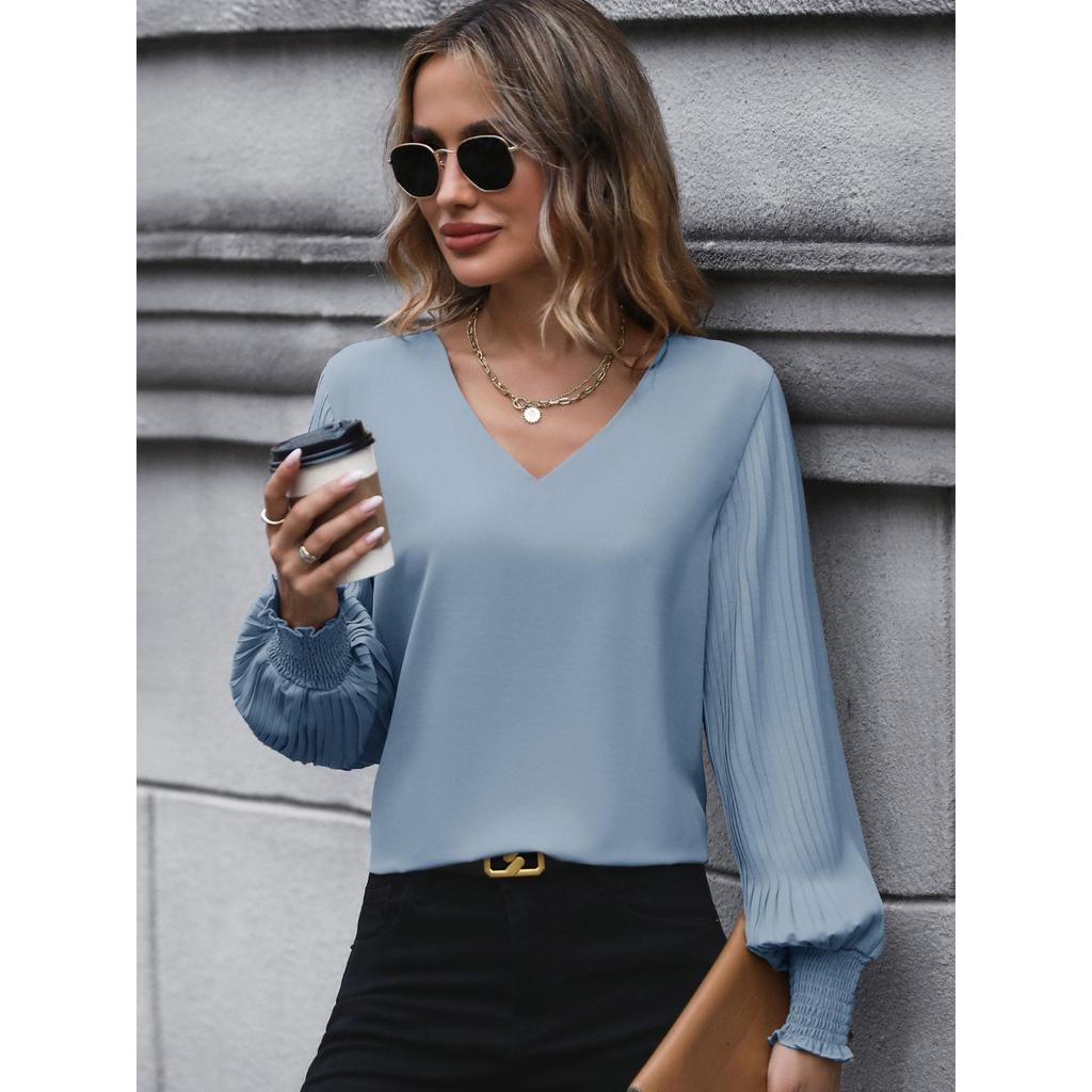2025 Women's Solid Color Shirt with Pleated Lantern Sleeves Casual Office Tops for Spring Autumn Hot Sale