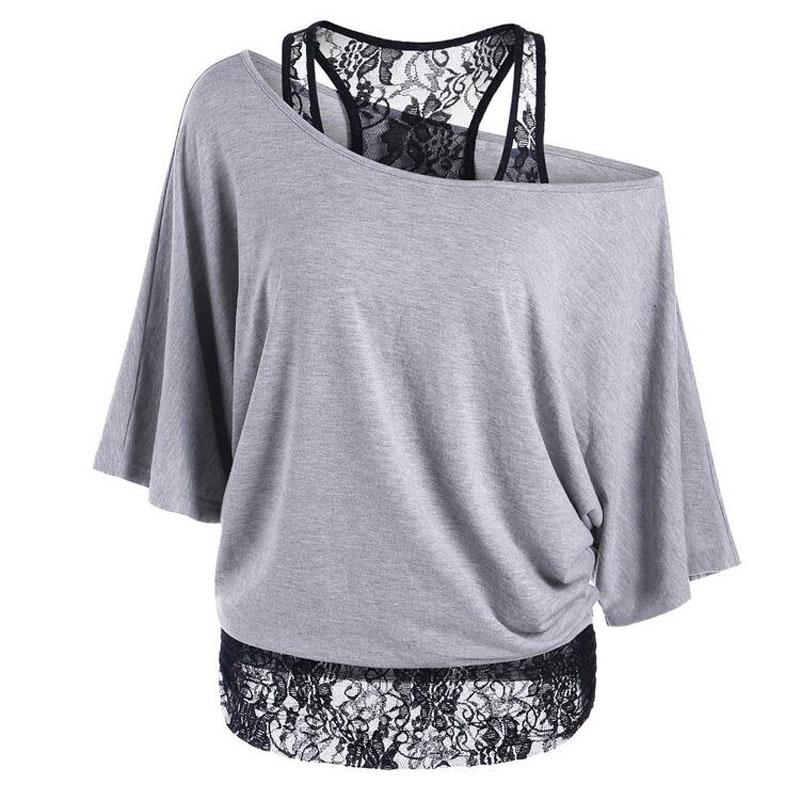 Size Women Plus Loose Vest Lace Stitching Oblique Collar Bat Tshirt Fashion
