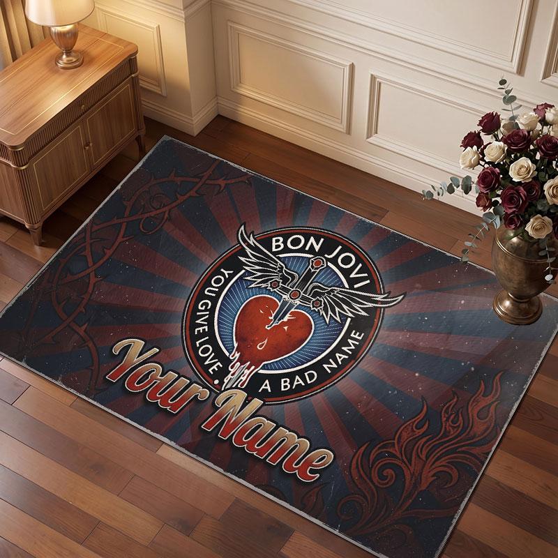 Bon Jovi Personalized Crystal Velvet Carpet, Customized Name Text Soft Anti‑Slip Rug for Living Room Bedroom