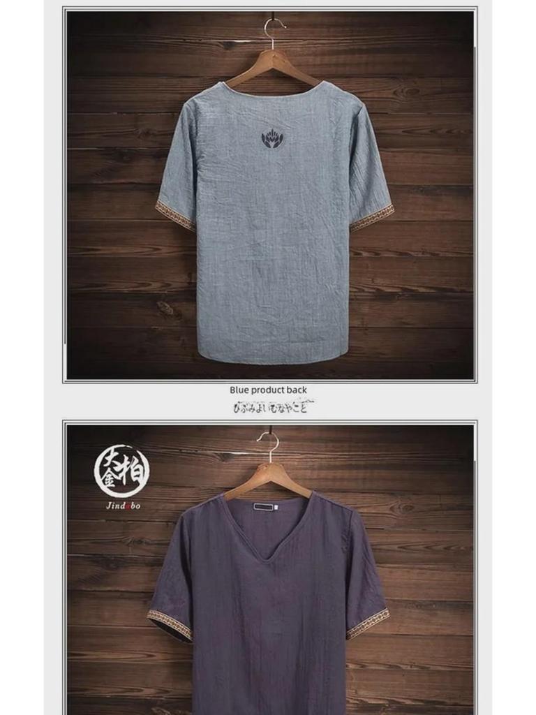 Мужская летняя корейская футболка из хлопка и льна с V-образным вырезом и коротким рукавом — дышащая, универсальная, модная, с коротким рукавом для больших размеров