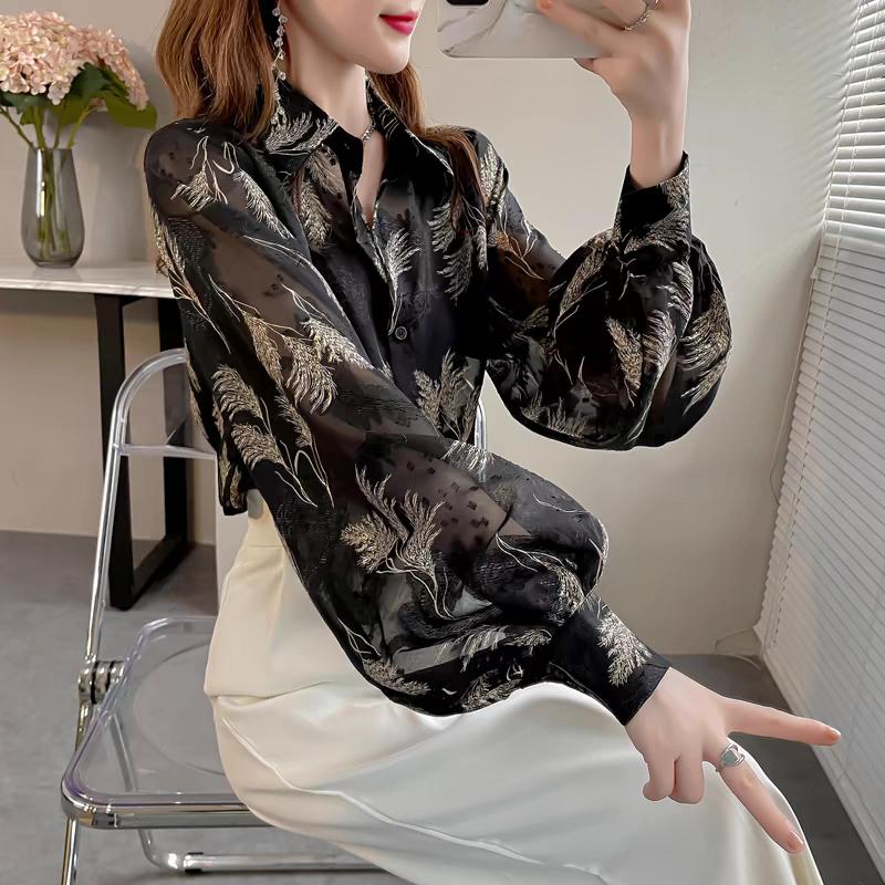 Уникальная цветочная рубашка, весенняя воздушная блузка из шифона с отложным воротником и рукавами-фонариками, женская верхняя одежда