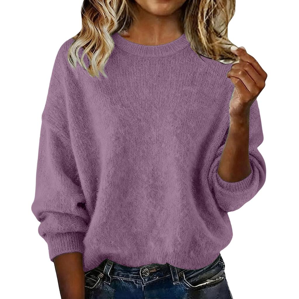 Women's Fashion Casual Loose Pullover Solid Color Round Neck Long Sleeve Knit Sweater