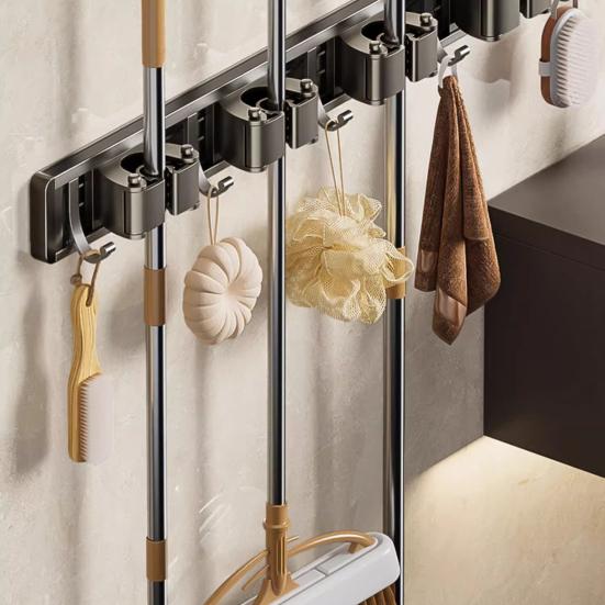 Органайзер для швабры и веника с 5 крючками, настенный, без перфорации, водонепроницаемый, противоскользящий