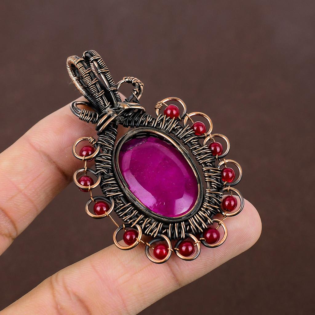 Подвеска из натурального рубина и граната, изготовленная вручную из медной проволоки, 2,76 дюйма, s0p95