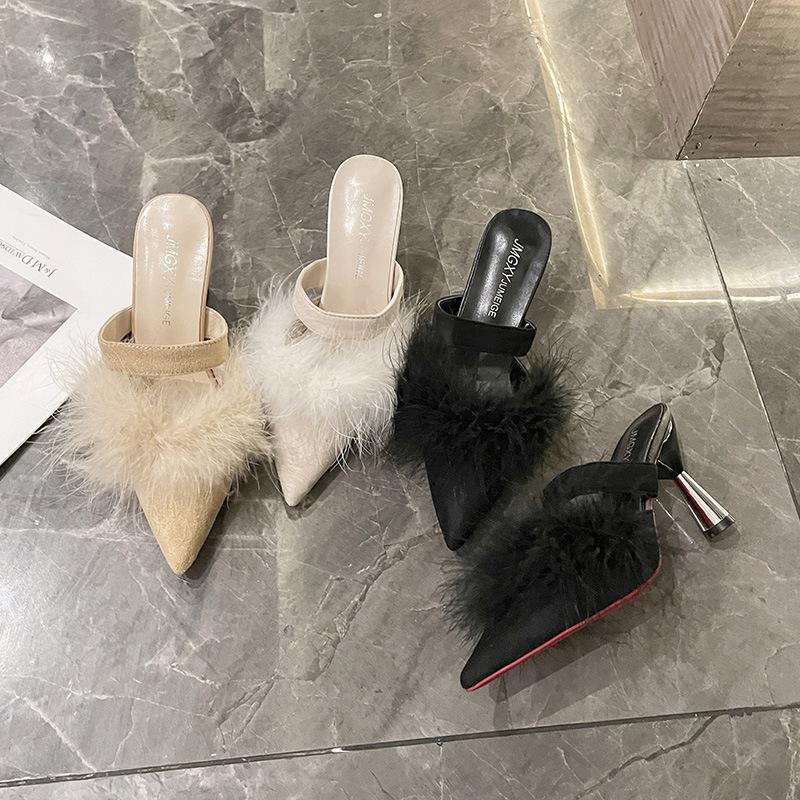 Утренние тапочки на тонком каблуке с высоким каблуком, маленькие размеры, пушистые, прохладные, женские, полудлинные, летние, универсальные, с острым носком, для невесты, осень