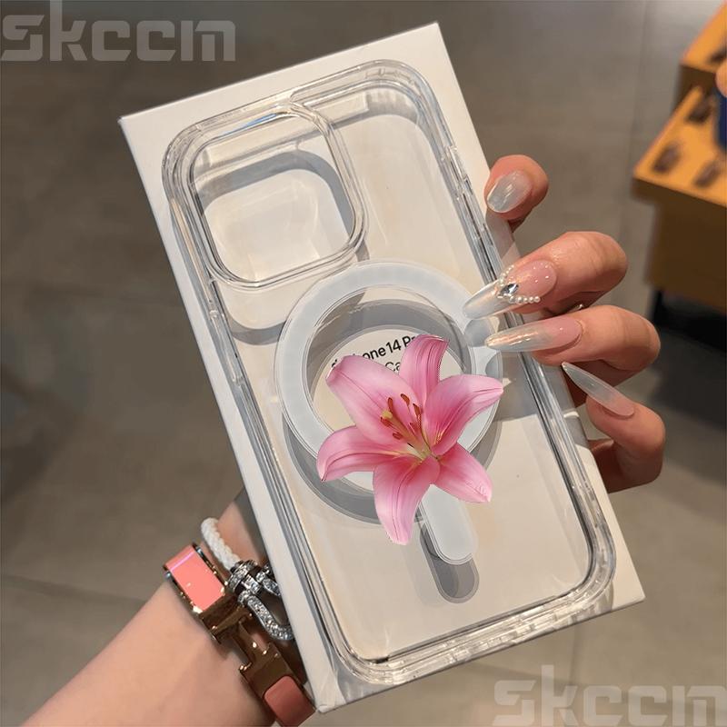 Realistic Lily Flower Print Clear Phone Case For iPhone 16E 16 15 14 13 12 11 Pro Max Plus XS XR Magnetic Wireless Charge Cover