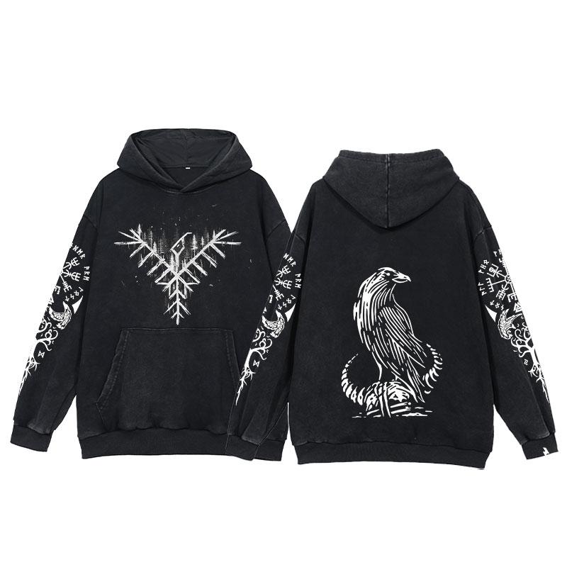 2024 Viking Hoodies Men Tattoo Print Acid Wash Hoodie Cotton Loose Long Sleeve Pullover Vintage Oversized Casual Hooded Sweatshi