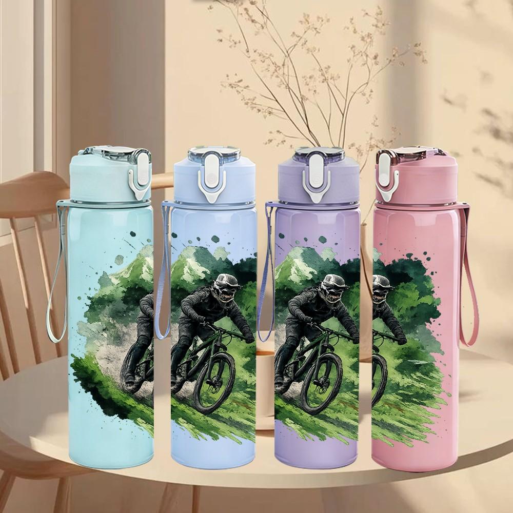 1PC Mountain Biker Cyclist Nature Print 750ml Color Plastic Sports Water Bottle Leakproof Flip Straw Lid Suitable for Sports Office Home Use
