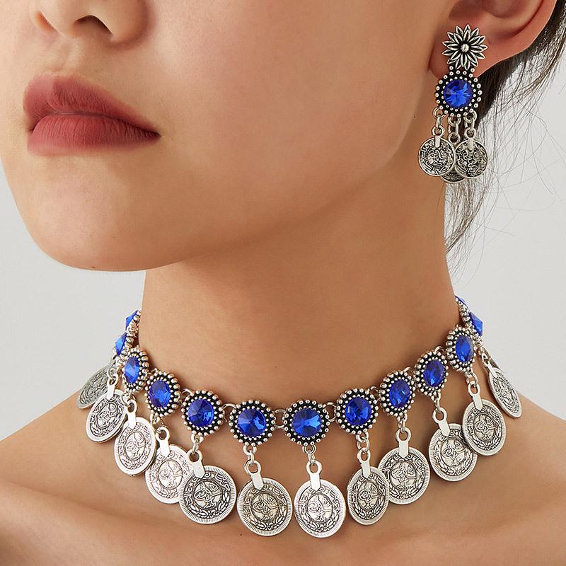 Модный ретро женский ювелирный набор в ближневосточном стиле с сияющими бриллиантовыми монетами - ожерелье и серьги