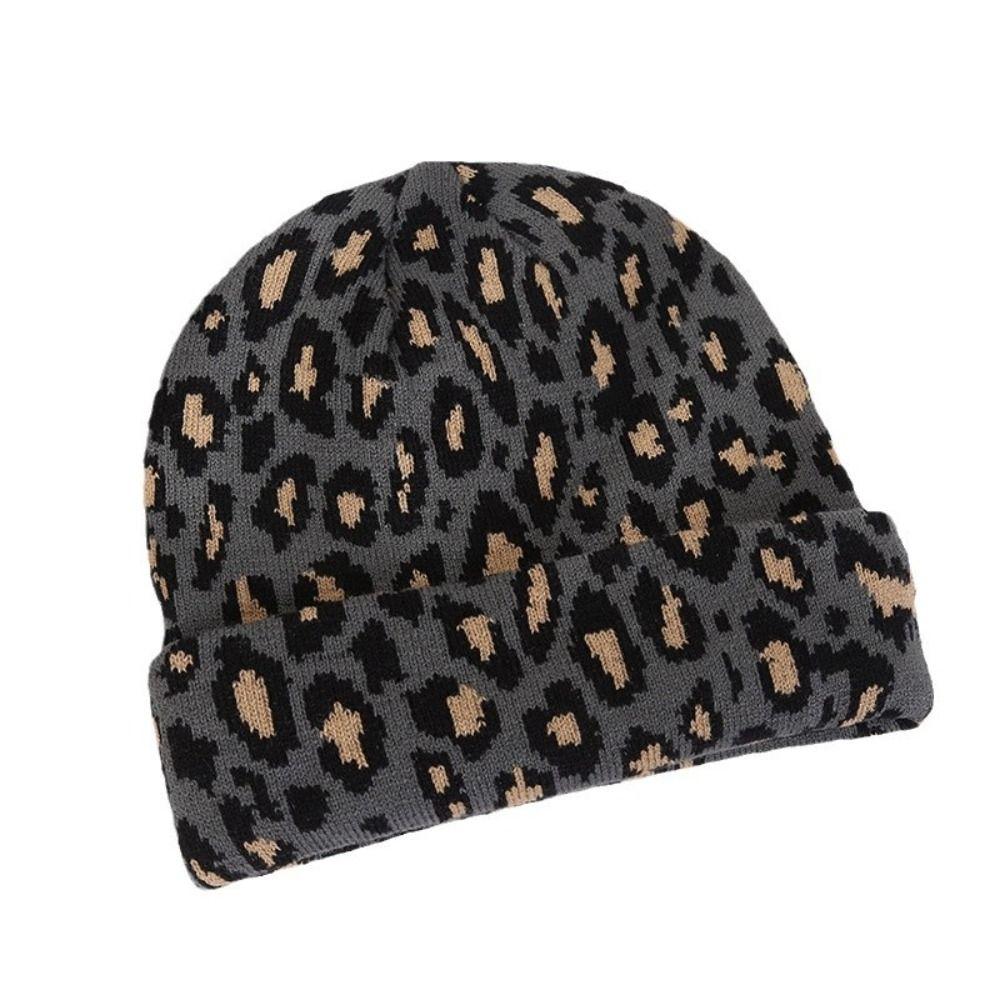 Jacquard Leopard Knitted Cap Soft Beanies Hat Y2K Fashion Thick Warm Hat  Unisex